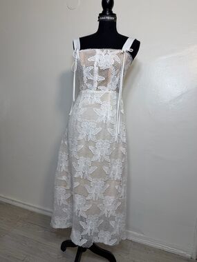White Floral Lace Midi Dress with Tie Straps